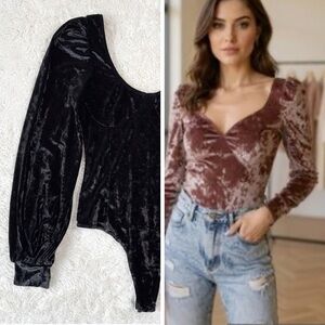 WAYF Woman Black Velvet Scoop Neck Balloon Long Sleeve Bodysuit SMALL Whimsigoth